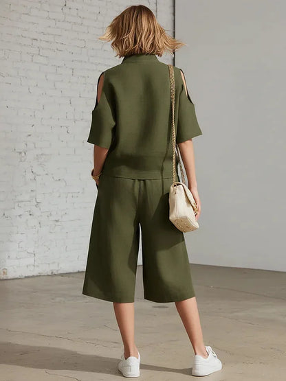 Cold Shoulder Zip Two-Piece Linen Set