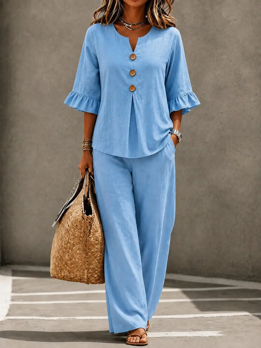 Ruffled Linen Look Two Piece Set