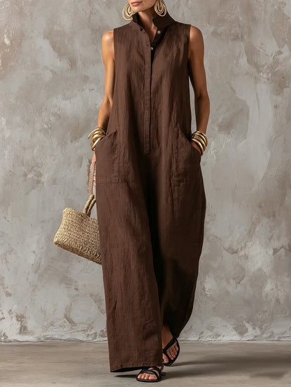 Sleeveless Collared Wide Leg Jumpsuit with Pockets