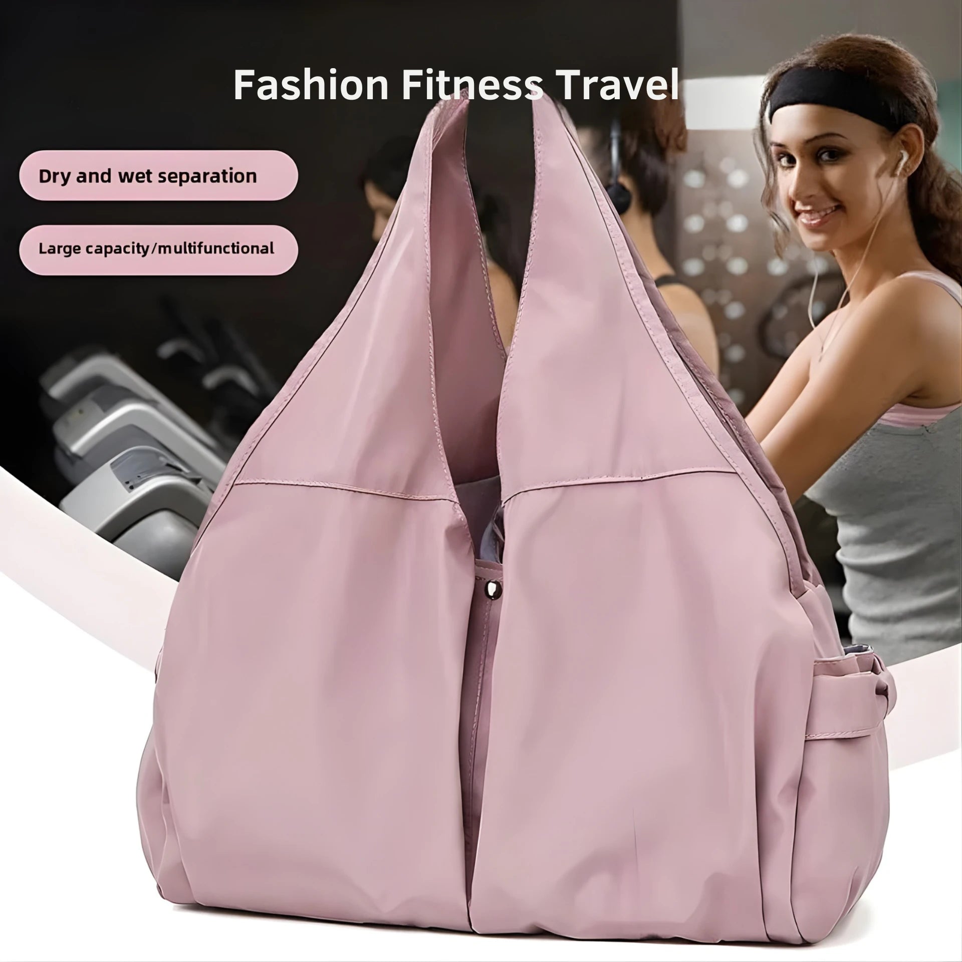 Pink fitness travel bag with text highlighting features, woman exercising in the background