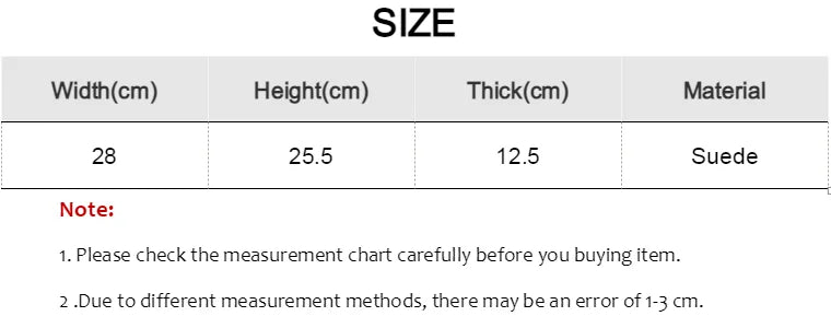 Size chart for a product with dimensions in centimeters and material listed.