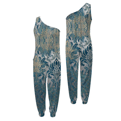 Patterned one-shoulder jumpsuit on a white background.
