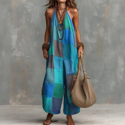 Bohemian Patchwork Halter Wide Leg Jumpsuit