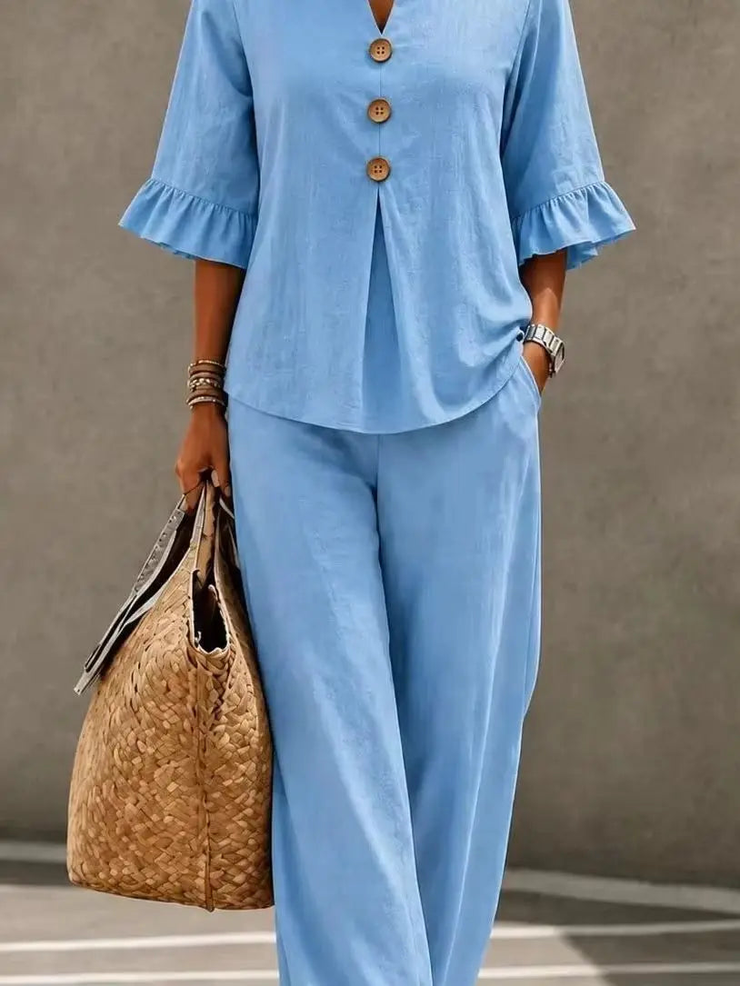 Ruffled Linen Look Two Piece Set