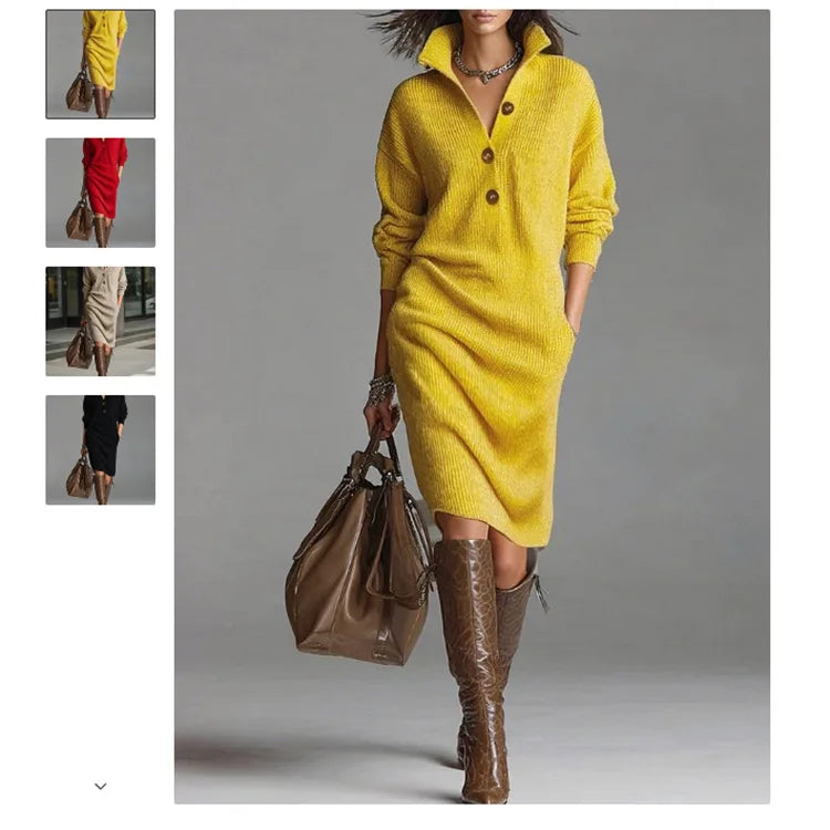 Classic Ribbed Knit Polo Midi Dress