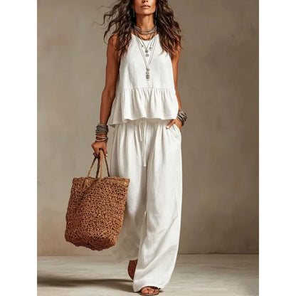 Women's Boho Linen Wide Leg Pant Set