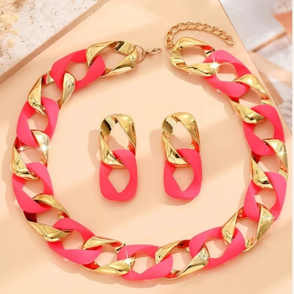 Chunky Dual-Texture Interlocking Link Chain Necklace & Earring Set