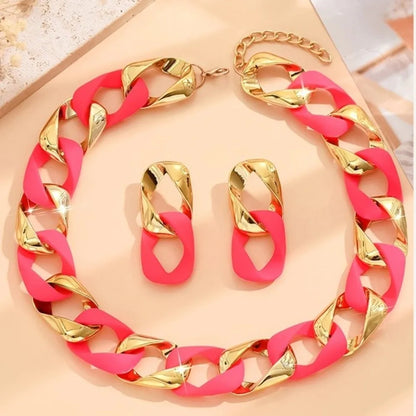 Chunky Dual-Texture Interlocking Link Chain Necklace & Earring Set