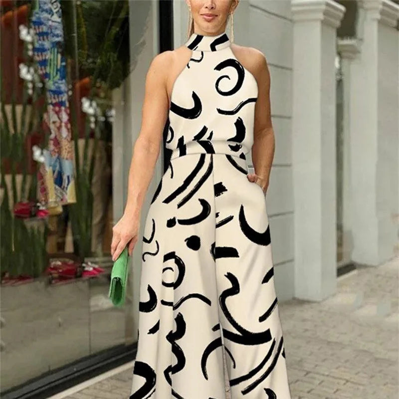 Halterneck Abstract Print Jumpsuit