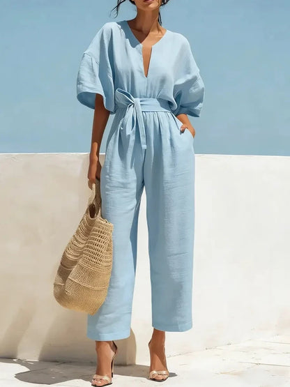 Boho Wide Leg Belted Jumpsuit with Pockets