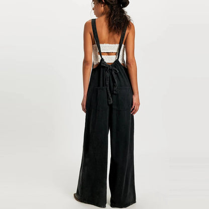 Wide-Leg Denim Overall Jumpsuit
