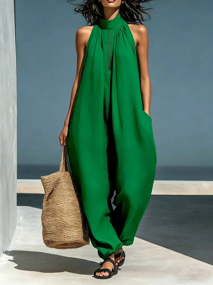 Halter Neck Lace Trim Wide-Leg Jumpsuit