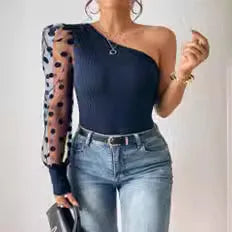 Sheer Puff Sleeve One Shoulder Top