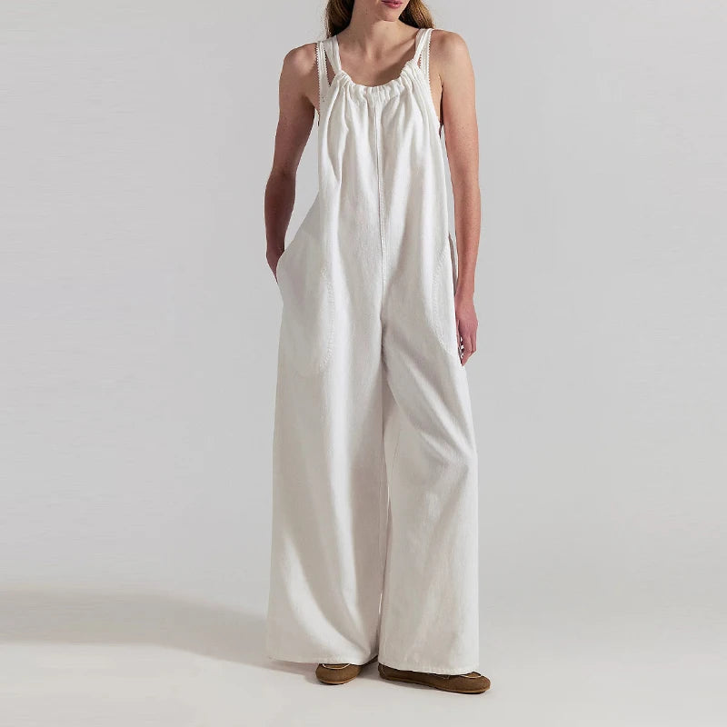 Wide-Leg Denim Overall Jumpsuit