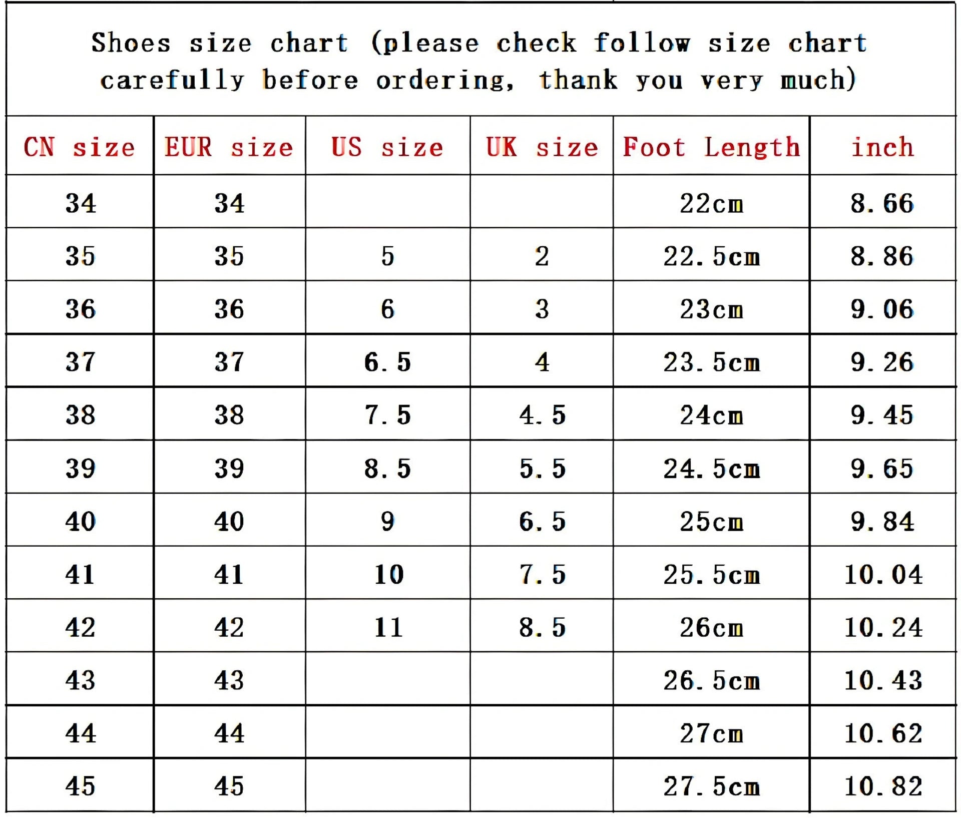 Shoes size chart with various measurements including CN, EUR, US, UK, foot length, and inch conversions.