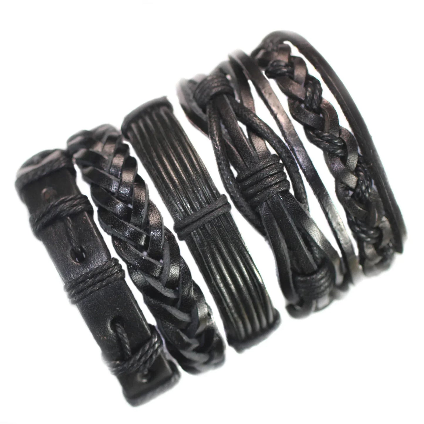 Set of black leather bracelets with braided and textured designs on a white background