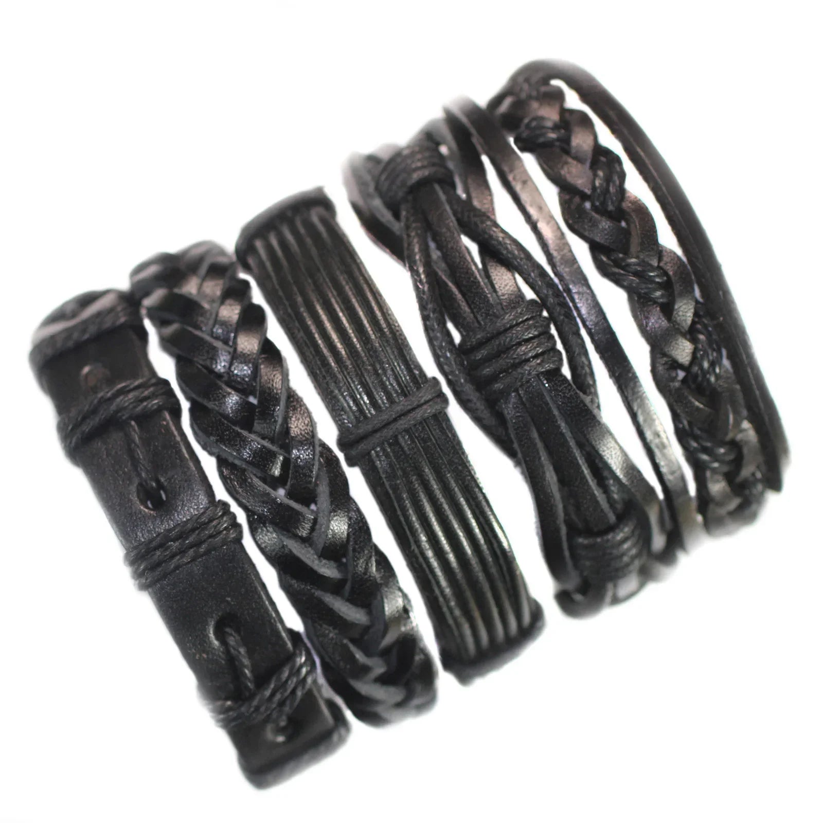Set of black leather bracelets with braided and textured designs on a white background
