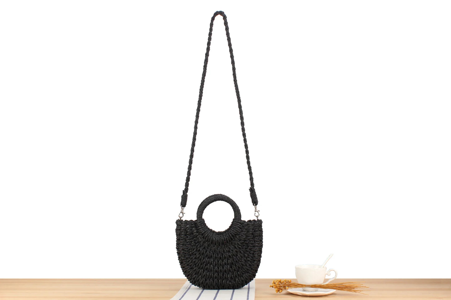 Handwoven Straw Half-Moon Bag