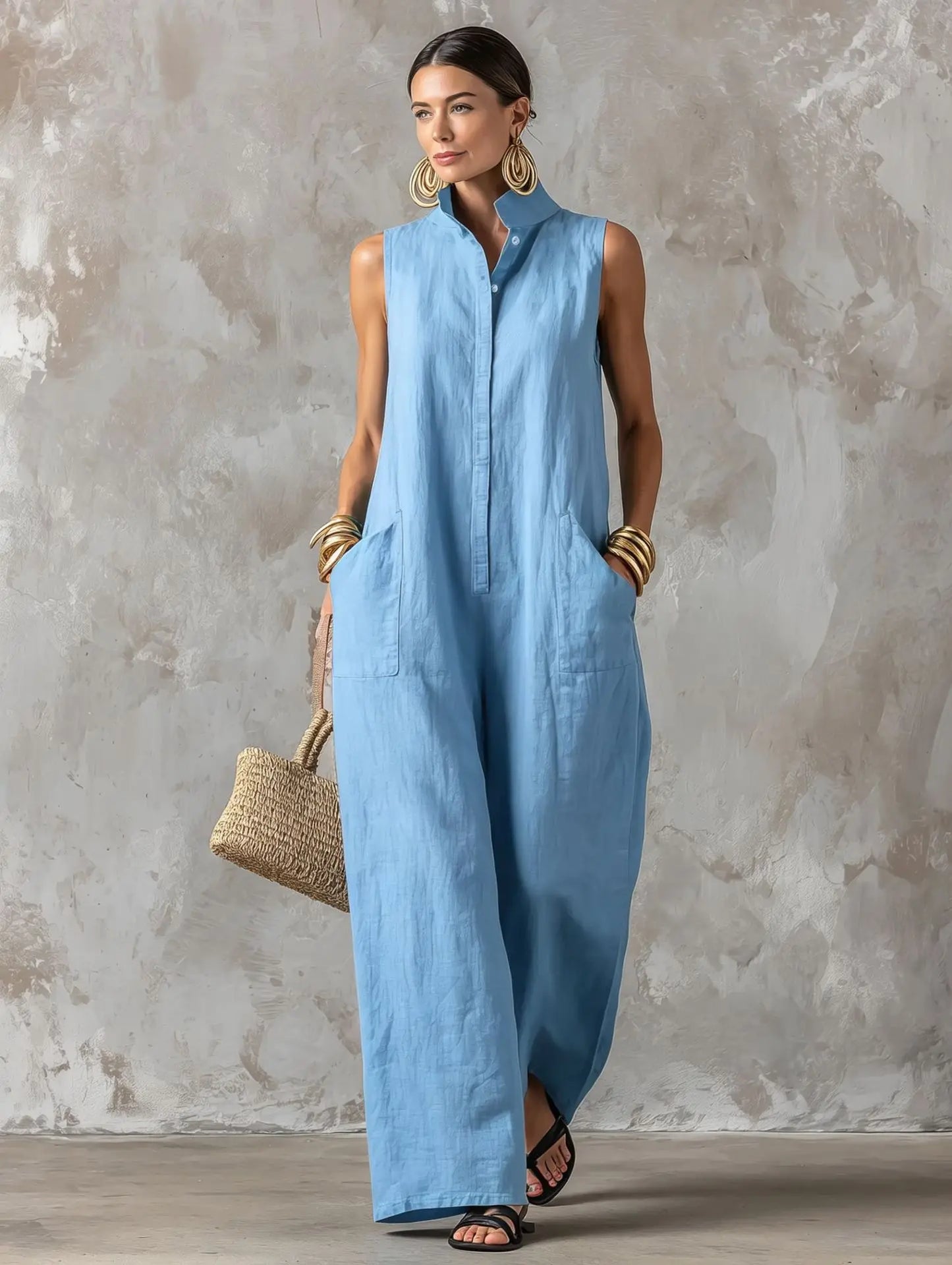 Sleeveless Collared Wide Leg Jumpsuit with Pockets