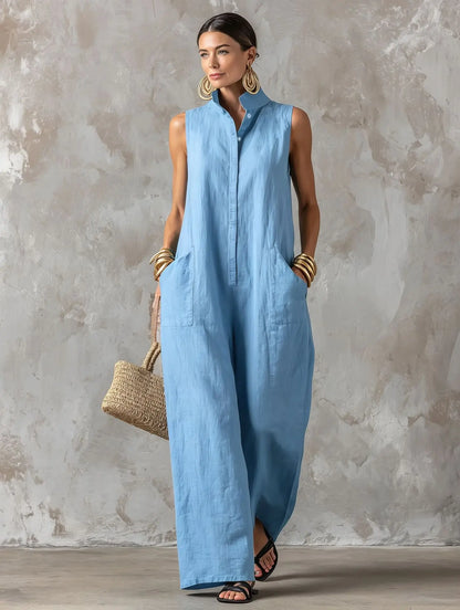 Sleeveless Collared Wide Leg Jumpsuit with Pockets