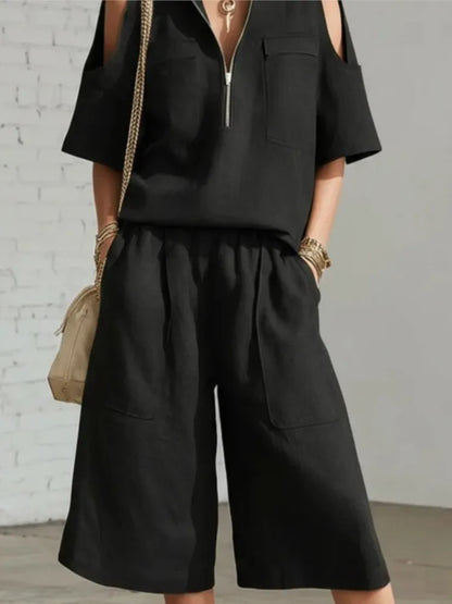 Cold Shoulder Zip Two-Piece Linen Set