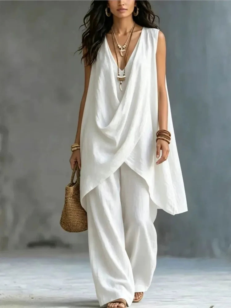 Women's Sleeveless Asymmetrical Linen Blend Set