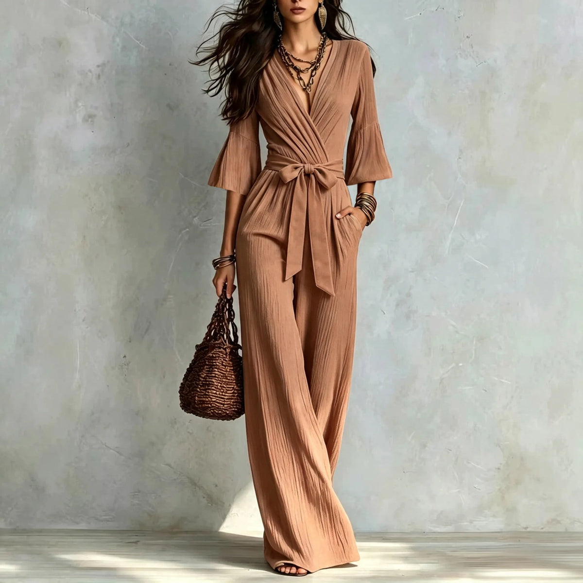 Elegant V-Neck Puff Sleeve Jumpsuit