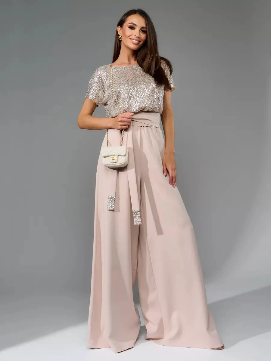 Glittering Sequin Tie Waist Jumpsuit