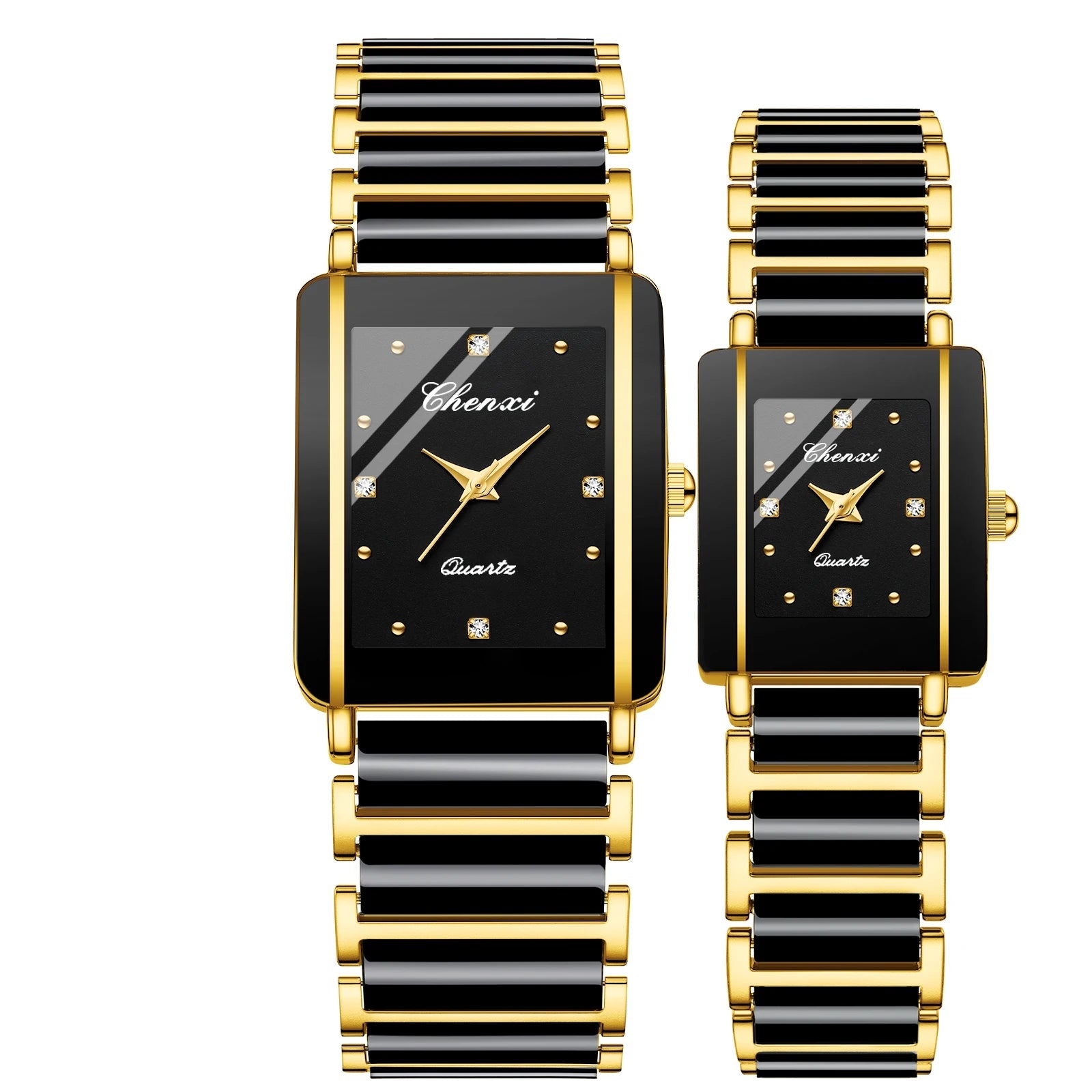 Two black and gold watches with 'Chenxi' branding on a white background