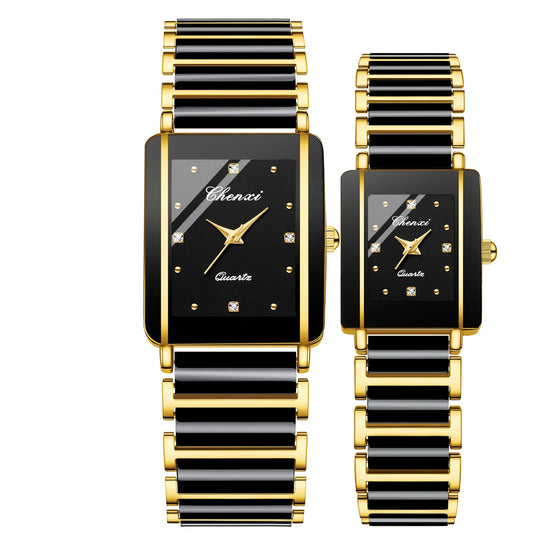 Two black and gold watches with 'Chenxi' branding on a white background