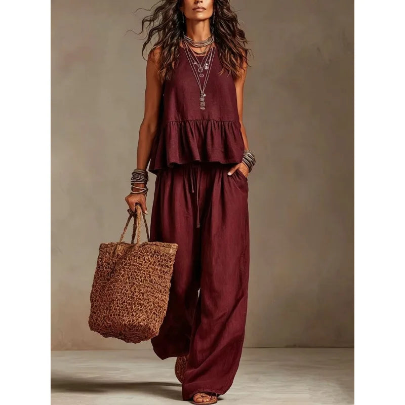 Women's Boho Linen Wide Leg Pant Set
