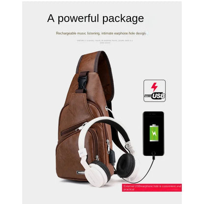 Brown sling bag with headphones and smartphone, featuring USB charging icon.