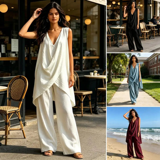 Women's Sleeveless Asymmetrical Linen Blend Set