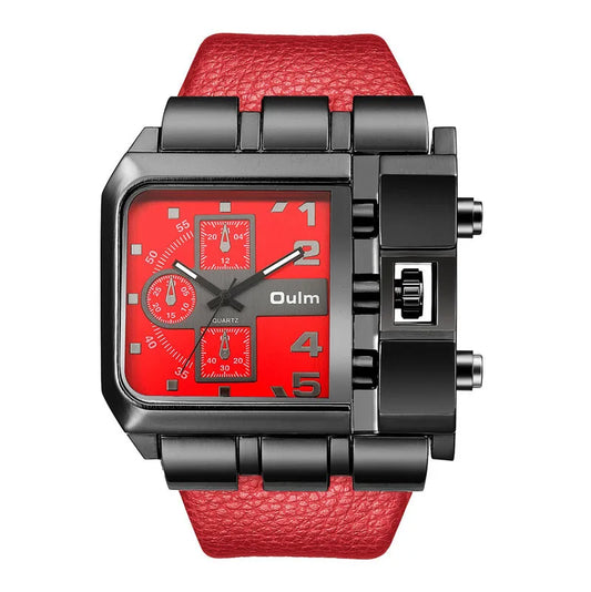 Wristwatch with red face and strap on a white background