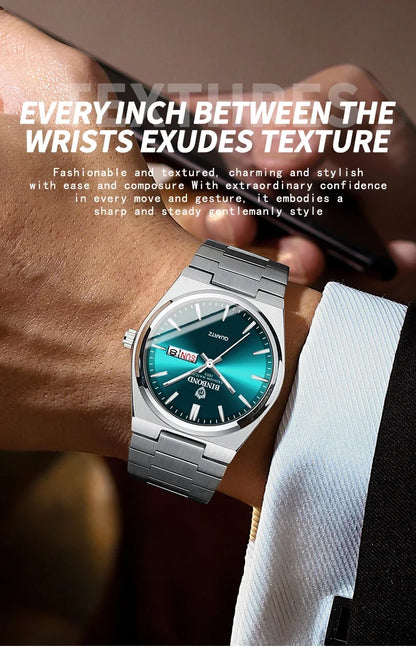 Silver watch with a blue face on a wrist, text about texture and style.