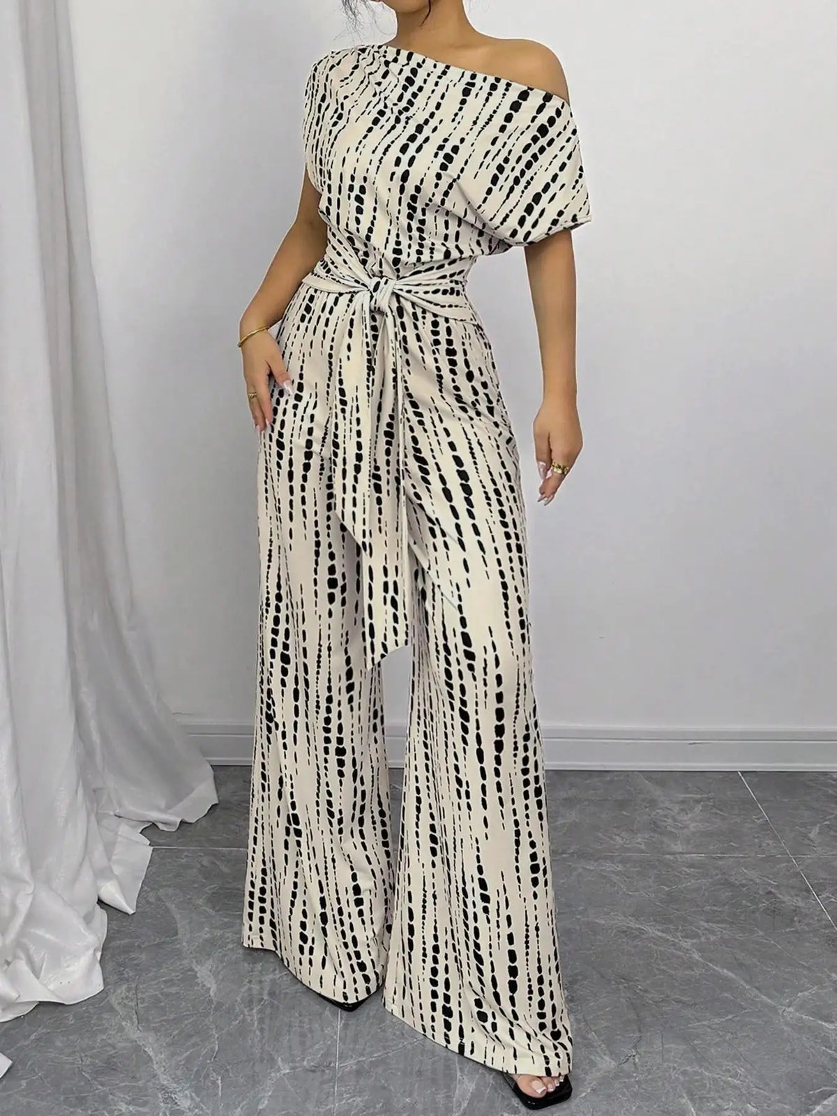 Slanted Shoulder Wide Leg Jumpsuit