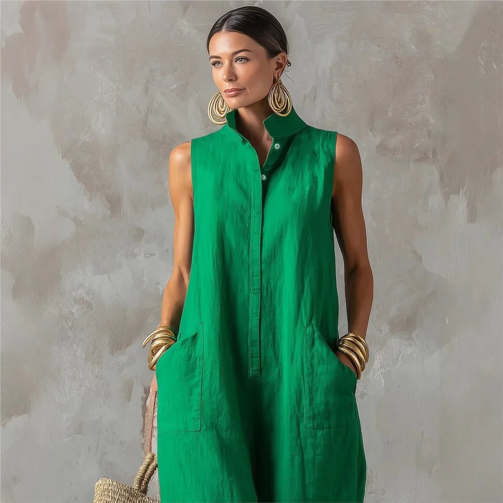 Sleeveless Collared Wide Leg Jumpsuit with Pockets