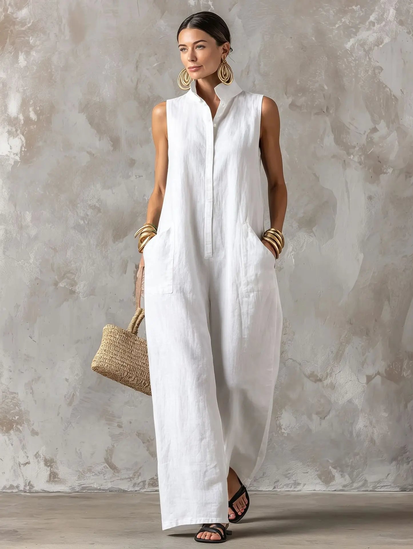 Sleeveless Collared Wide Leg Jumpsuit with Pockets