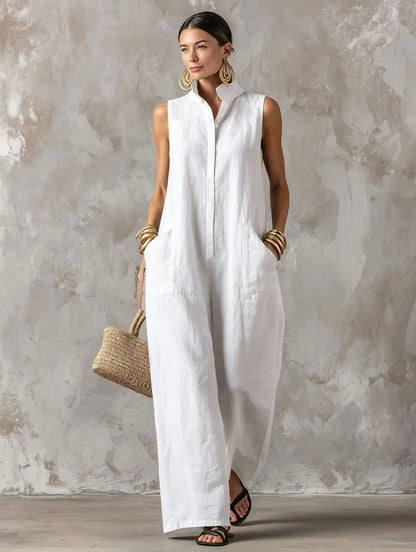 Sleeveless Collared Wide Leg Jumpsuit with Pockets