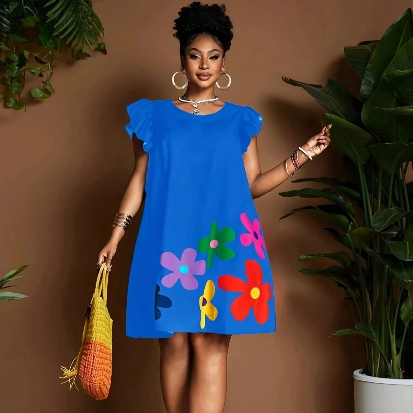 Vibrant Bloom Ruffle Sleeve Dress