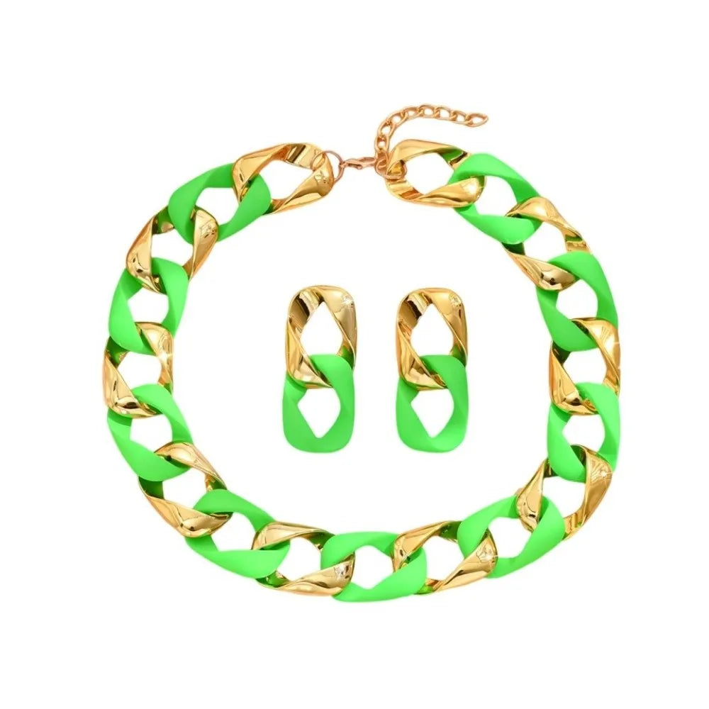 Chunky Dual-Texture Interlocking Link Chain Necklace & Earring Set