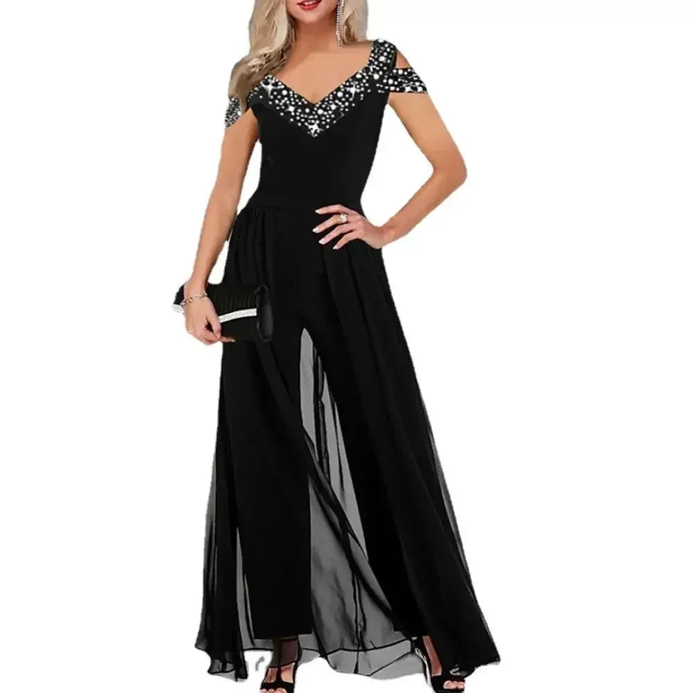 black dress party dress and jump suite Jumpsuits Evening Gown Sparkle Black Dress Plus Size Masquerade Quince   Amzcw Dress