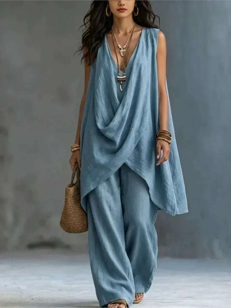 Women's Sleeveless Asymmetrical Linen Blend Set
