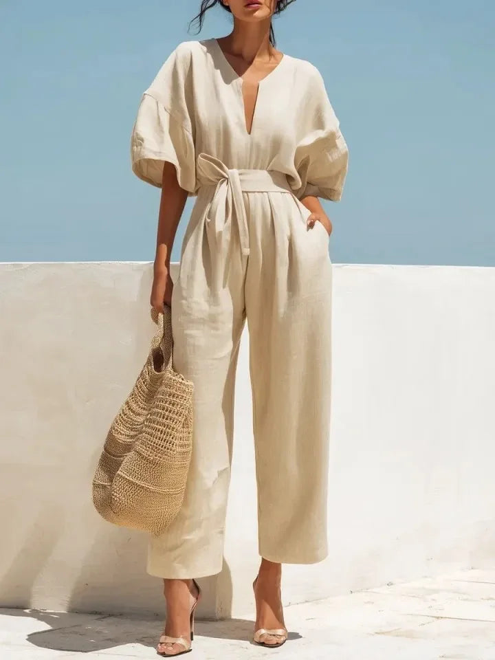 Boho Wide Leg Belted Jumpsuit with Pockets