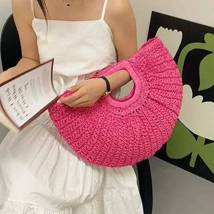 Handmade Half Moon Straw Tote Bag