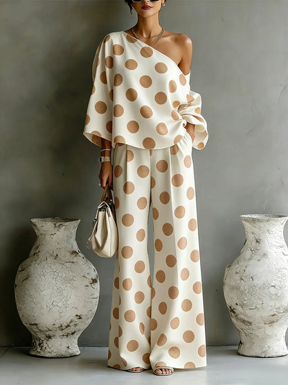 Polka Dot Off Shoulder Wide Leg Pant Set