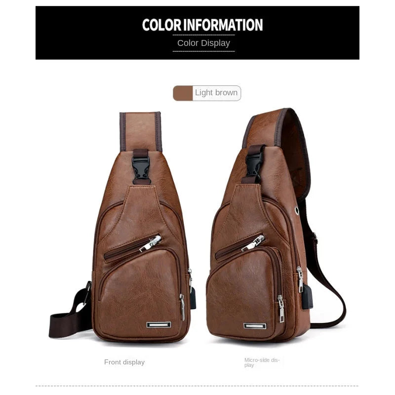 Brown leather sling bag with zippers on a white background