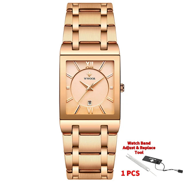 Rose gold watch with WWOOR branding on a white background