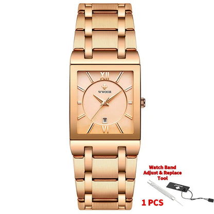 Rose gold watch with WWOOR branding on a white background