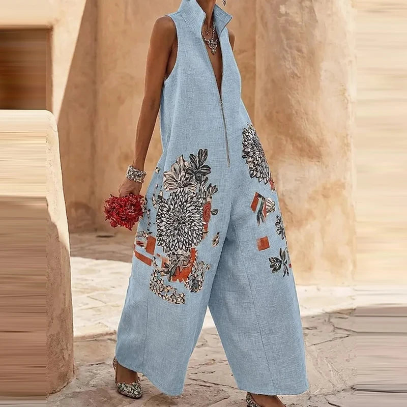 Retro Floral Stand Collar Zipper Wide-Leg Jumpsuit